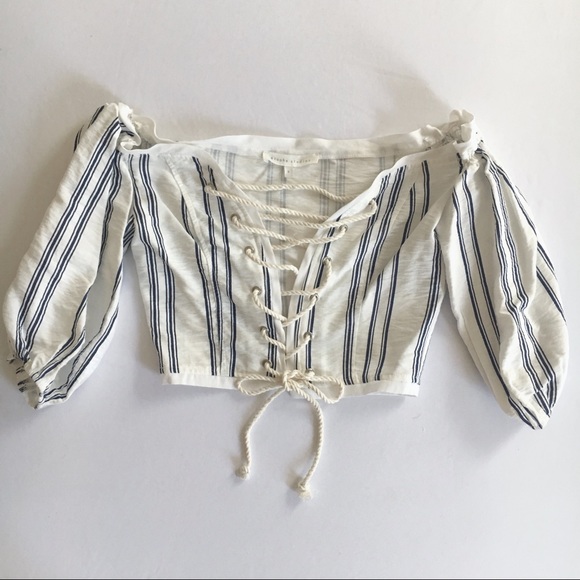 étophe studios Tops - Sweetheart Stripe Lace Up Boho Puffy Sleeve Top